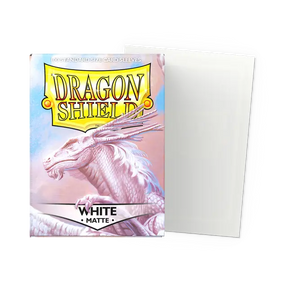 Dragon Shield matte white standard card sleeves for protection and smooth handling, featuring a sleek matte white finish.