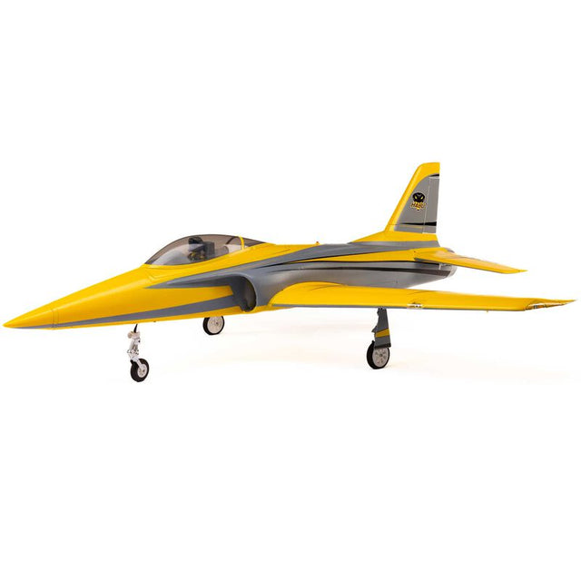 E-Flite Habu XS 80mm EDF model aircraft in flight, showcasing its sleek design and aerodynamic features.