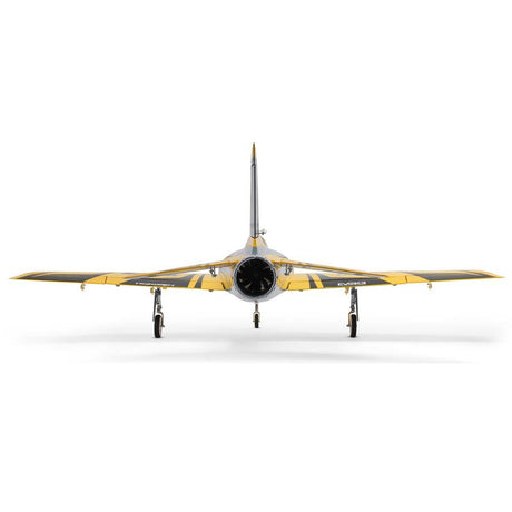 E-Flite Habu XS 80mm EDF model airplane in flight, showcasing sleek design and detailed features against a clear sky.