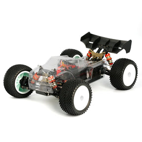 LC Racing EMB-T Pro 1/14 4WD Truggy Pro Kit with chassis, suspension, and detailed components ready for assembly.
