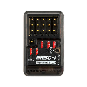 RadioMaster ER5C-i ELRS receiver with multiple antenna ports and LED indicator, shown in a close-up view.