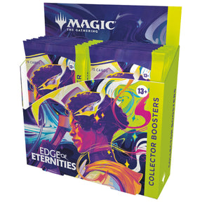 Edge of Eternities Collector Booster Box for Magic: The Gathering by Wizards of the Coast, featuring colorful artwork and booster packs.
