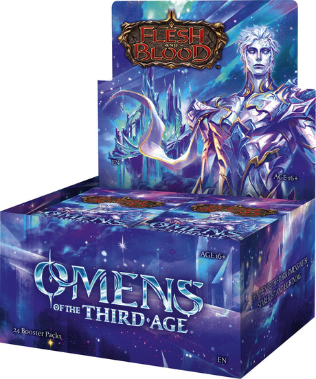 Flesh and Blood Omens of the Third Age booster box of collectible trading cards by Legends Story Studios, featuring vibrant card artwork.