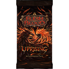 Flesh and Blood Uprising Booster Pack of collectible trading cards by Legends Story Studios, featuring colorful card artwork.