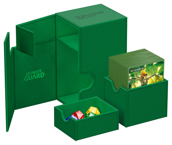 Green Ultimate Guard Flip'n'Tray 80+ Xenoskin card storage and organization tray, featuring a secure flip-top lid and durable design.