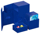 Ultimate Guard Flip'n'Tray 80+ Xenoskin card storage tray in sapphire blue, featuring a secure flip-top lid and textured Xenoskin finish.