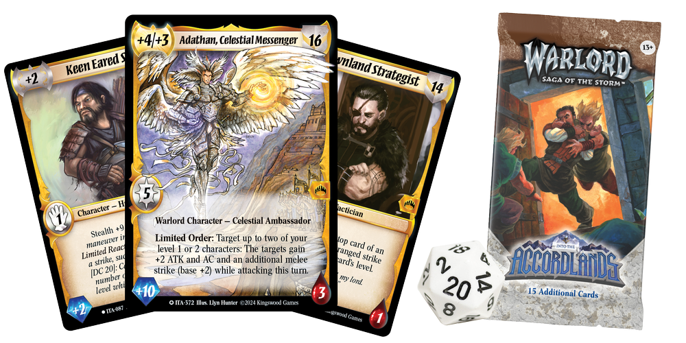 Warlord CCG Saga of the Storm Into the Accordlands starter deck by Kingswood Games, featuring fantasy-themed cards and artwork.