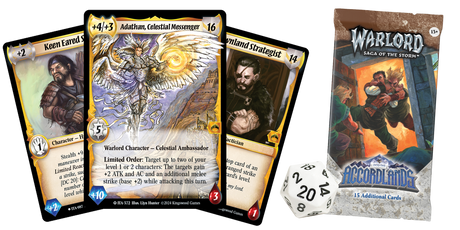 Warlord CCG Saga of the Storm Into the Accordlands starter deck by Kingswood Games, featuring fantasy-themed cards and artwork.