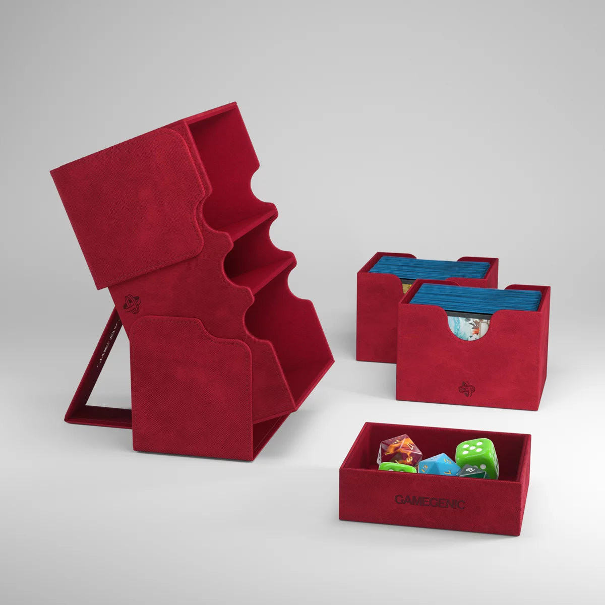 Gamegenic Stronghold 200+ XL convertible card storage box in red, showing its sturdy construction and spacious interior.