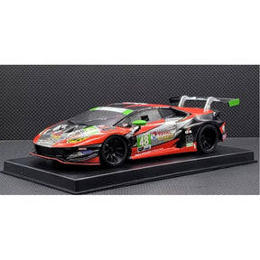 GL Racing 1/28 scale Silver and Red LBO GT3 body shell for RC cars, featuring detailed design and 98mm length.