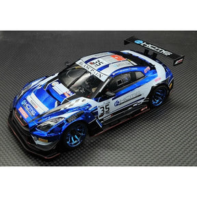 GL Racing 1/28 KCMG Nissan GT3 body shell, 98mm scale, detailed racing car body for RC models, in black and orange design.