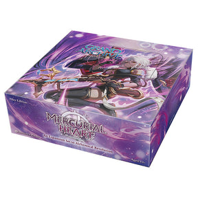 Grand Archive TCG Mercurial Heart Alter Edition booster box featuring colorful card artwork and branding from Weebs of the Shore.