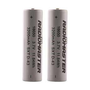 Pair of RadioMaster 18650 3200mAh 3.7V Li-ion batteries with black cylindrical cells and silver contacts.