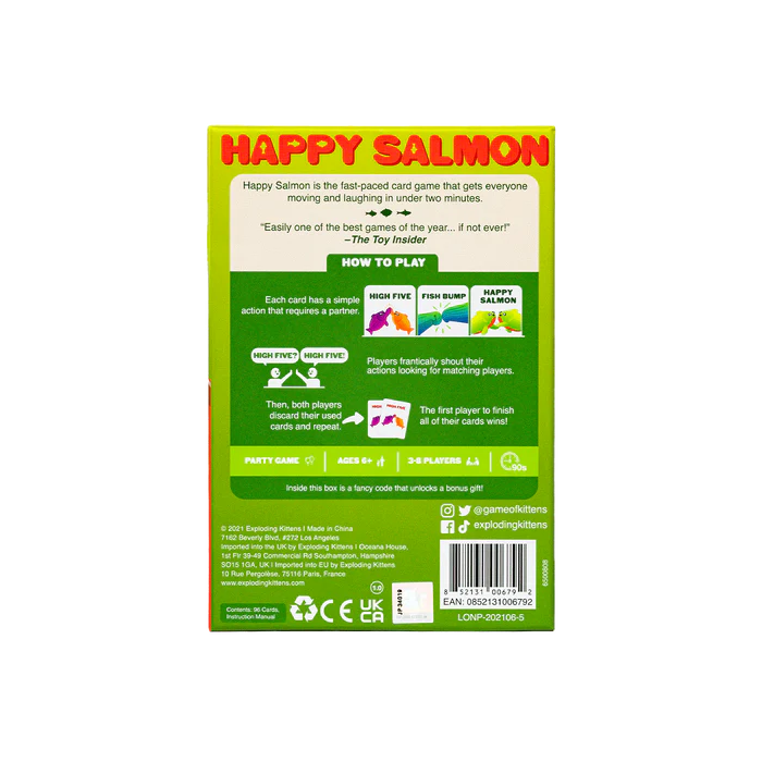 Happy Salmon card game by Exploding Kittens, showing colorful fish and characters from the card deck on a white background.