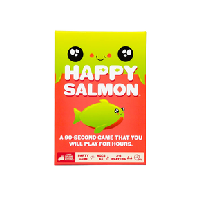 Happy Salmon card game by Exploding Kittens, showing colorful cartoon fish and happy characters for family fun.