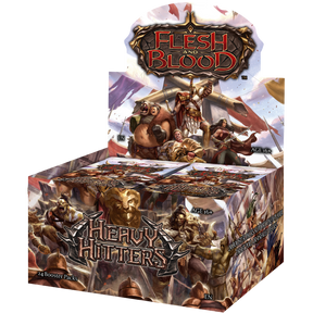 Flesh and Blood Heavy Hitters Booster Box of collectible trading cards by Legends Story Studios, featuring vibrant card artwork.