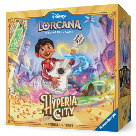 Lorcana TCG Hyperia City illumineer's Trove card featuring vibrant artwork of a luminous cityscape and magical characters.