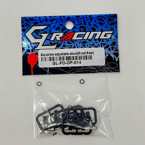 GL Racing aluminum screw adjustable front and rear shock for Formula One RC cars, shown in the image with mounting details.