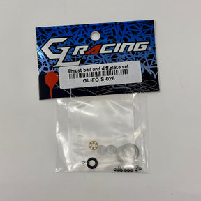 GL Racing Formula One Thrust Ball and Diff Plate Set showing metal components and precise engineering details on a white background.