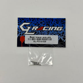 GL Racing Formula One rear lower arm pin, close-up of metallic automotive suspension component with detailed branding and engineering marks.
