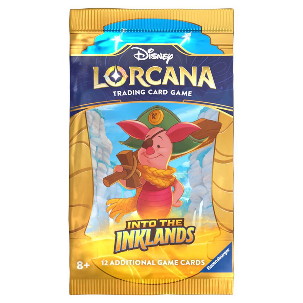 Lorcana TCG Into the Inklands Booster Pack featuring colorful card illustrations and artwork from the trading card game.
