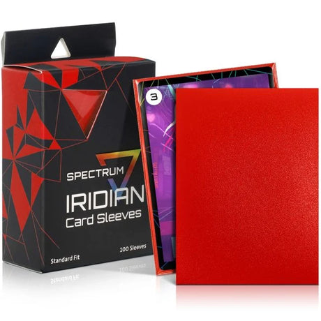 Spectrum Iridian card sleeves shown with their retail box. The set includes a red textured sleeve standing upright, a partially opened box showing purple card sleeves inside, and the black-and-red branded packaging.