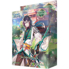 Jin character from Weebs of the Shore Grand Archive TCG: Mortal Ambition starter deck, showing illustrated trading card on blue background.
