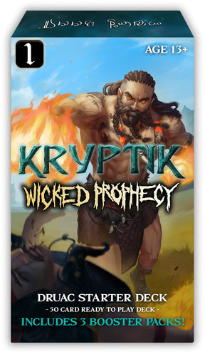 Kryptic TCG Wicked Prophecy Starter Deck Wave 1 showing colorful card illustrations and game components on a table.
