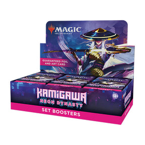 MTG Kamigawa Neon Dynasty Set Booster Box by Wizards of the Coast, featuring colorful card art and booster packaging.