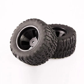 Pair of LC Racing L6061 MT 12mm mounted tires set, showing treads and rubber surface for RC off-road vehicles.