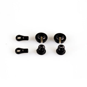 LC Racing L6187 shock caps, spring cups, and rod end set shown in a close-up image with detailed black and metal components.