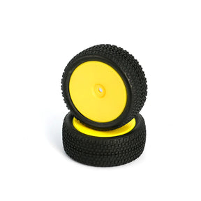 LC Racing L6250 all terrain buggy front tires mounted on yellow rims, 12mm axle, pair shown in the image.