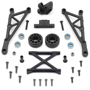 LC Racing L6270 EMB wheelie bar for RC cars, shown in black with mounting brackets and adjustable supports.
