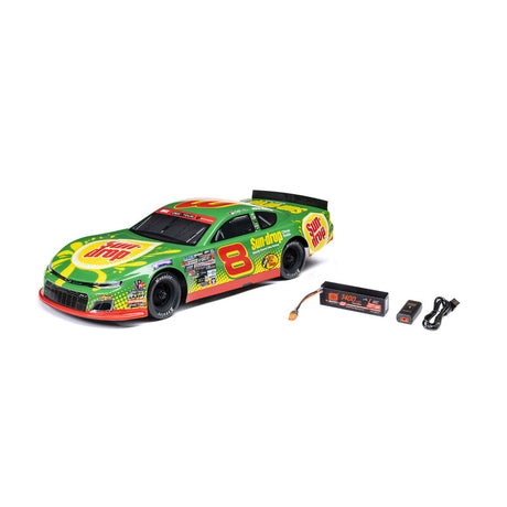 Losi 1/12 scale asphalt late model 2s AWD RC race car with detailed body and racing decals, ready for high-speed track racing.