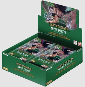 Bandai One Piece TCG Legacy of The Master Booster Box, unopened with colorful packaging and character artwork on the box.