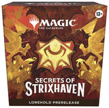 Lorehold prerelease box for MTG Secrets of Strixhaven by Wizards of the Coast, featuring colorful Magic: The Gathering cards and packaging.