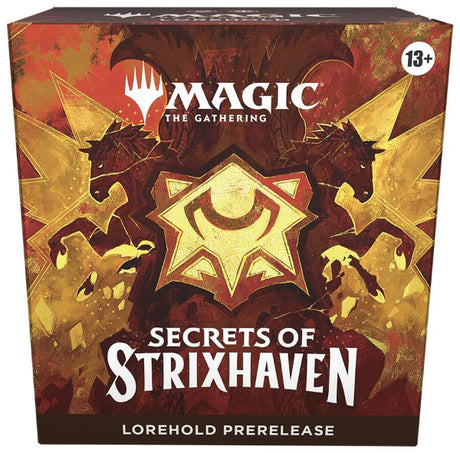 Lorehold prerelease box for MTG Secrets of Strixhaven by Wizards of the Coast, featuring colorful Magic: The Gathering cards and packaging.