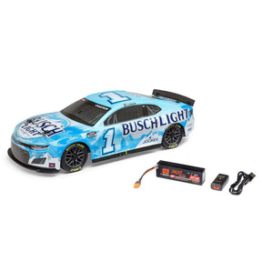 Losi 1/12 NASCAR Ross Chastain Busch Light 2025 Chevrolet Camaro RTR AWD diecast model on a display stand