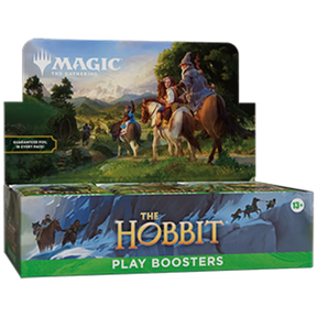 MTG The Hobbit Play Booster Box by Wizards of the Coast, featuring colorful fantasy card artwork and booster packs.