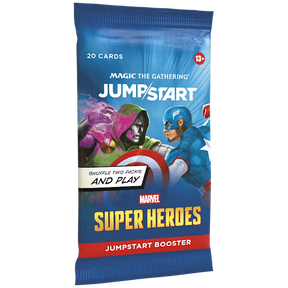 MTG Marvel Super Heroes Jumpstart Booster Pack by Wizards of the Coast, showing colorful card packaging and artwork.