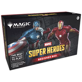 Image of a Magic: The Gathering Marvel Super Heroes Beginner Box by Wizards of the Coast, showing colorful card packaging and artwork.