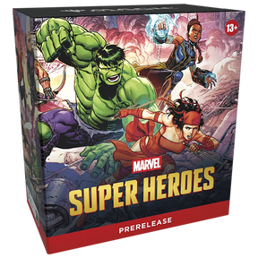 MTG Marvel Super Heroes prerelease box by Wizards of the Coast with booster packs and promotional cards inside.