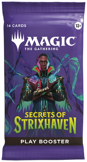 Magic: The Gathering Secrets of Strixhaven booster pack from Wizards of the Coast, featuring colorful artwork and game cards.