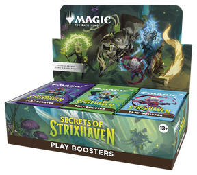 MTG Secrets of Strixhaven Play Booster Box by Wizards of the Coast, featuring colorful booster packs and Strixhaven-themed artwork.
