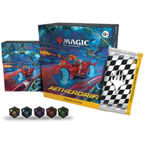 MTG Aetherdrift Prerelease Box by Wizards of the Coast featuring booster packs and game accessories for Magic: The Gathering.