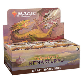 MTG Dominaria Remastered Draft Booster Box from Wizards of the Coast showing a sealed booster box with colorful fantasy artwork.