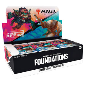 MTG Foundations Jumpstart Booster Box by Wizards of the Coast showing colorful booster packs for Magic: The Gathering.