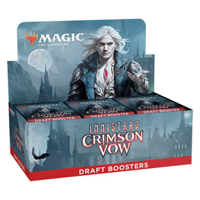 MTG Innistrad Crimson Vow Draft Booster Box by Wizards of the Coast, featuring colorful card artwork and booster packaging.