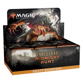 MTG Innistrad Midnight Hunt Draft Booster Box by Wizards of the Coast showing sealed booster box with colorful card artwork.