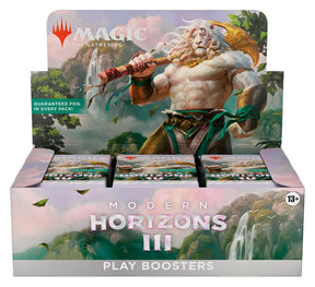 MTG Modern Horizons 3 Play Booster Box by Wizards of the Coast, featuring colorful booster pack artwork and packaging.